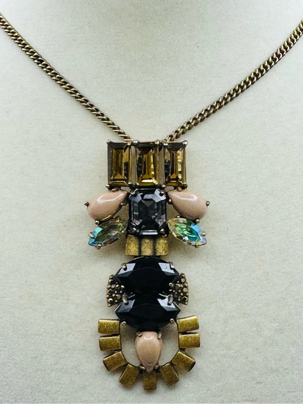 J. Crew Gold Tone Tiered Pendant Necklace With Black and Beige Stones